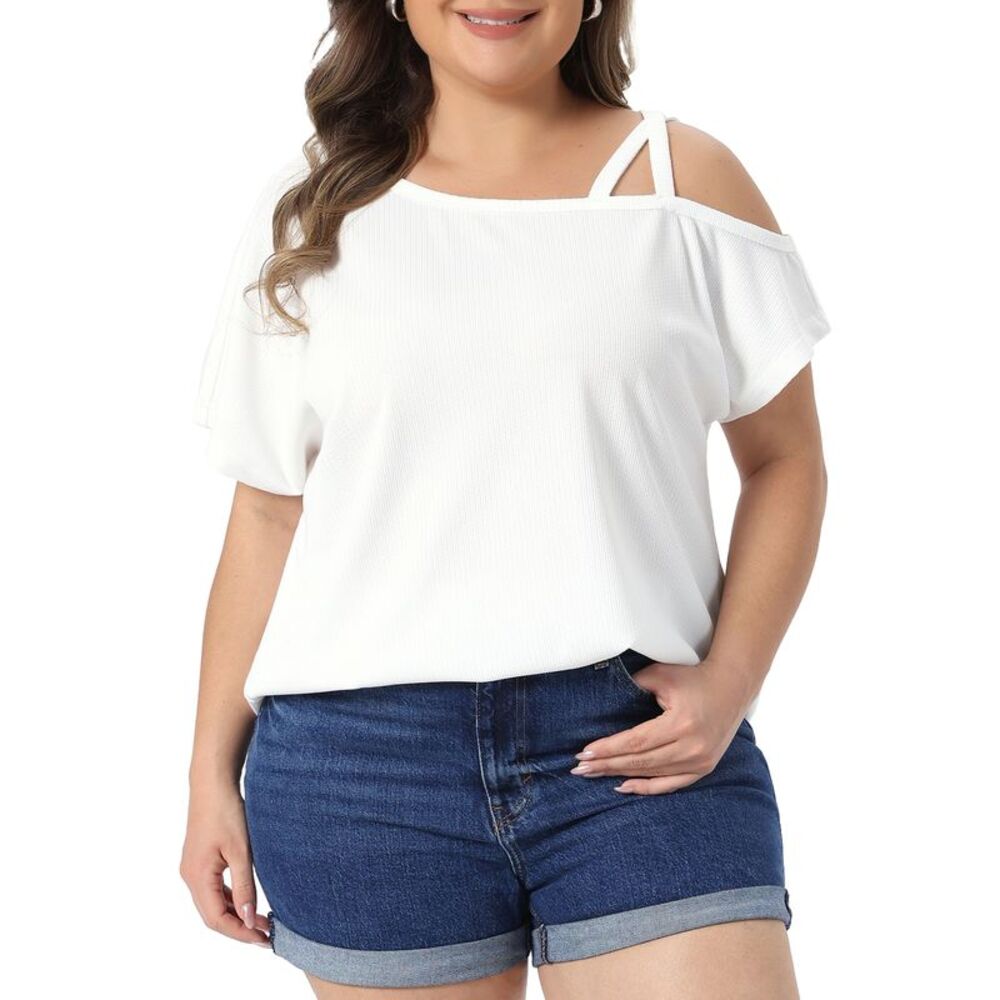 Women Plus Size Off Shoulder Short Sleeve Tops White